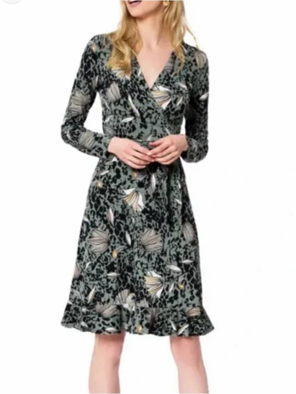 Leota Sage Green Floral-Print Long Sleeve Wrap Dress